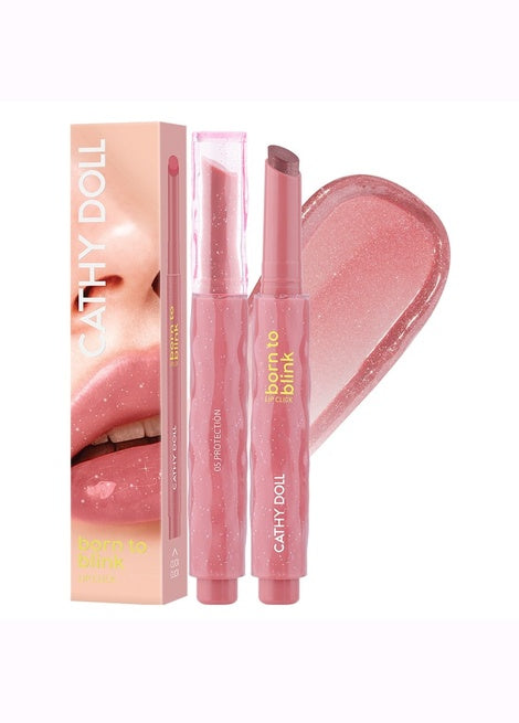 Cathy Doll lip product set with pink packaging and lip gloss on a white background